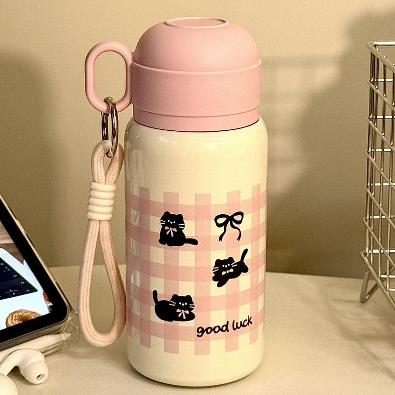 

Student Cute Large Capacity Vacuum Cup Girl Good-looking Water Cup with Straw 316 Stainless Steel Double Drink Cup Satchel Pink Plaid Cat-500Ml