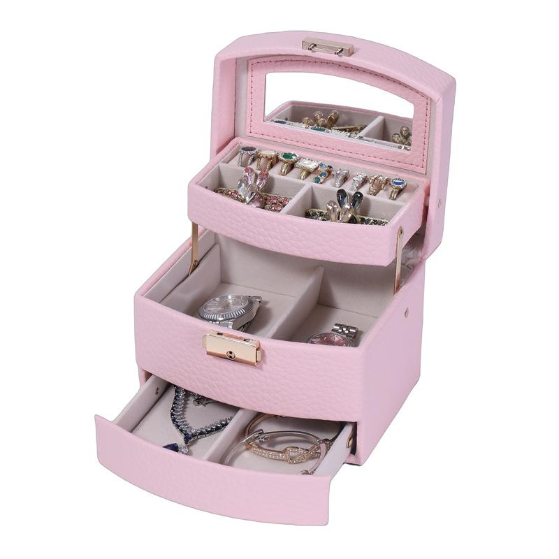 Minimalist High-end Jewelry Storage Box Pu Multi-layer Multi-function Large-capacity Jewelry Box with Mirror and Lock