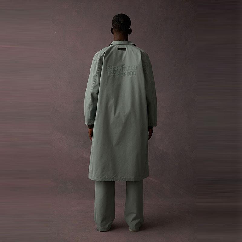Fear of God Essentials Drop 2 SS23 Long Coat Sycamore Solid Color Button Long American Heavyweight Trench Coat Unisex Coats Fog-Blue FOG-SS23-348