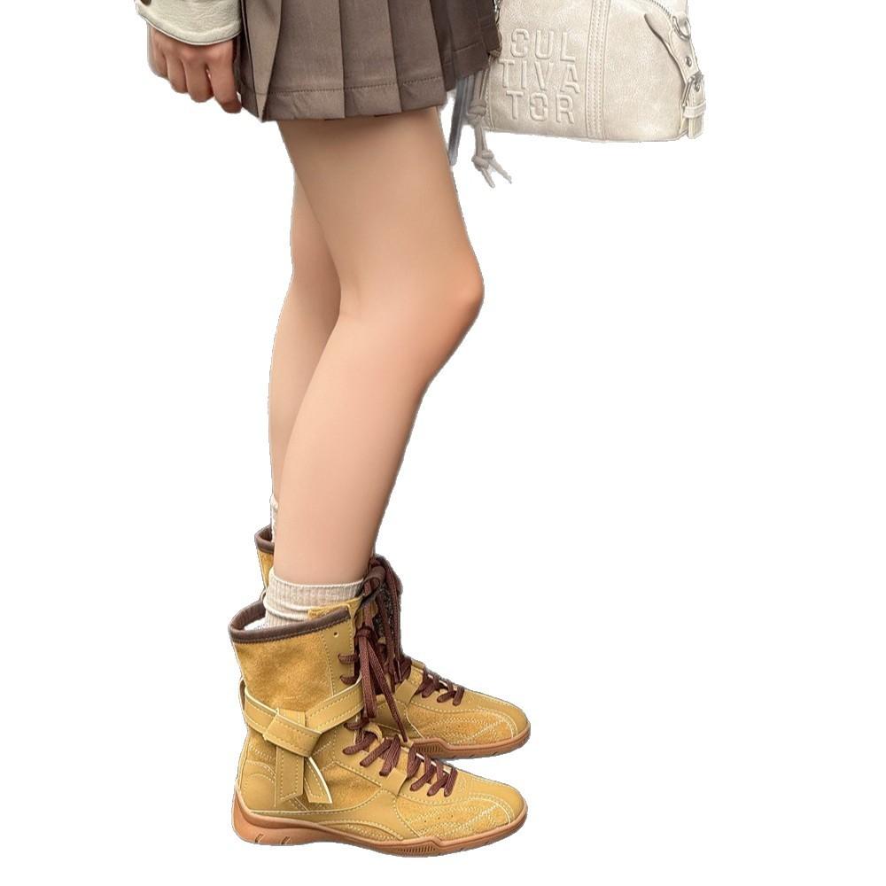 Retro leather boxing boots women's summer 2025 new British style Martin boots thick-soled German training boots medium boots