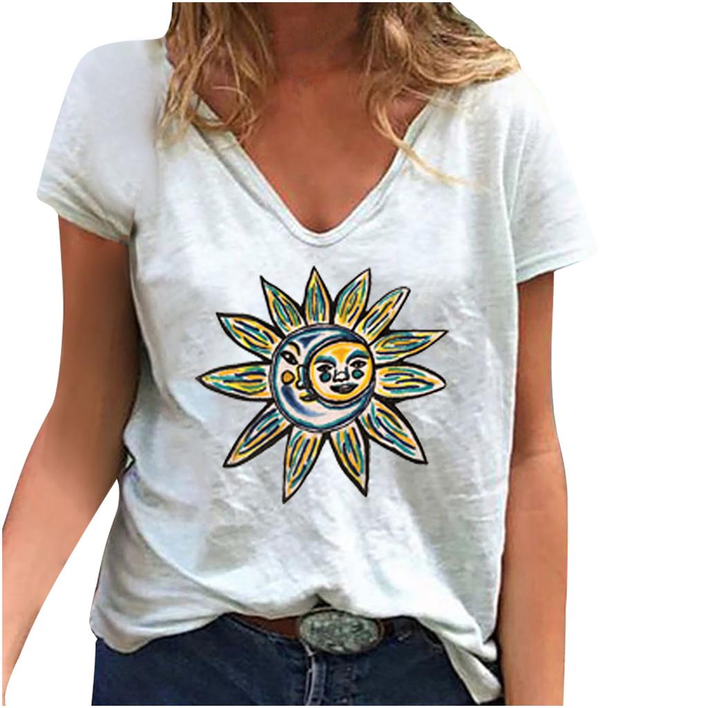 Fashion Spring  Retro Sun Print Blouses Short Sleeved V-Neck T Shirts Casual