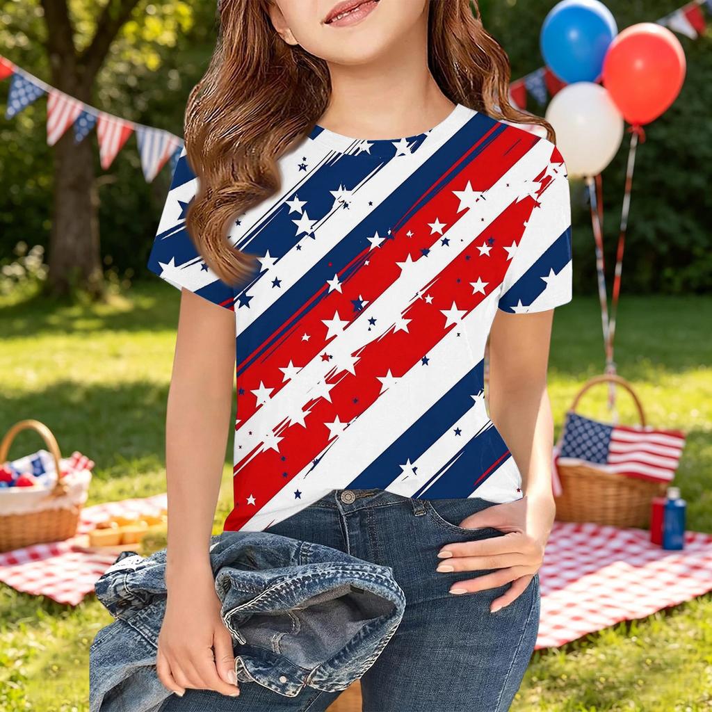 Girls Short Sleeve T-Shirt Independence Day Print Crew Neck Casual Top Lightweight Soft Fabric Comfortable Fit