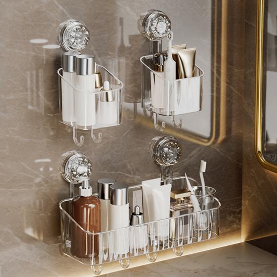 No-Drilling Corner Shower Caddy Suction Cup Holder with Hook Strong Load-bearing Easy to Install Removable Basket Storage Shelf