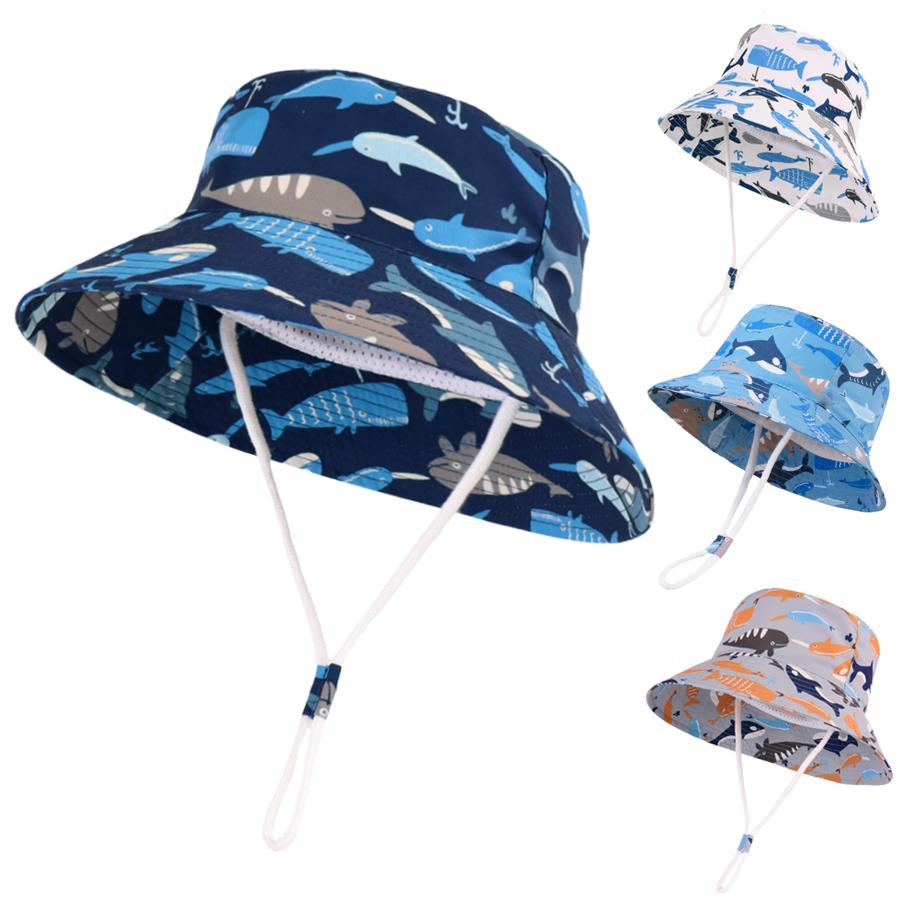 Baby Sun Protection Hat Kids Toddler Boys Girls Cute Whale Wide Brim Summer Outdoor Bucket Hat with Chin Strap