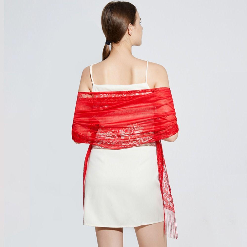 Tassel Mesh Neck Scarves Transparent Embroidery Flower Shawl Lace Flower Tassel Scarf  Dress Decor