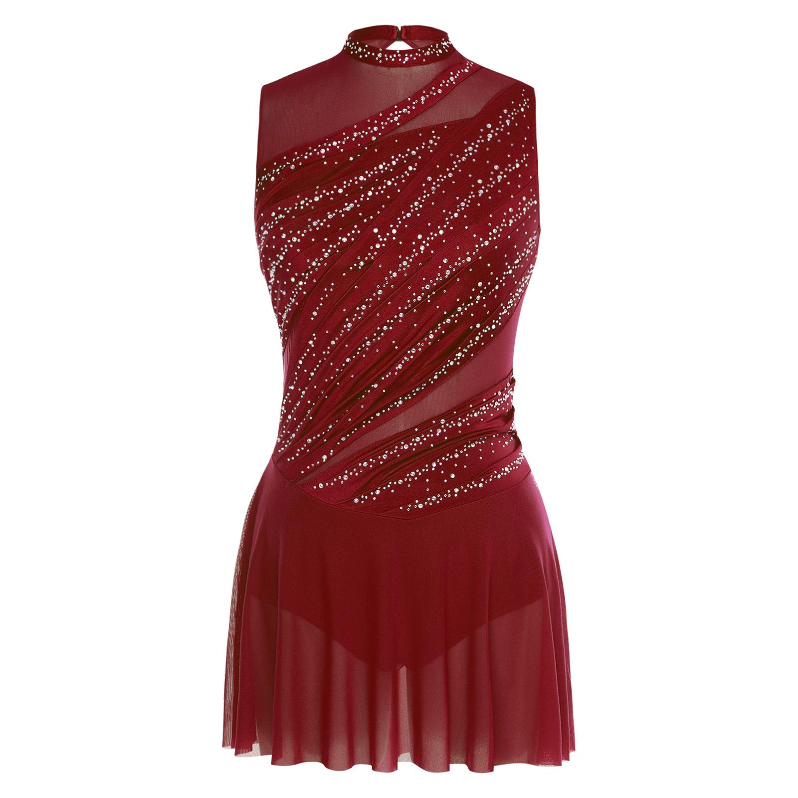 Yunduantong-electronic Women Lyrical Dance Dress Round Collar Sleeveless Ruched Design Rhinestone Embellished Backless Performance Gown