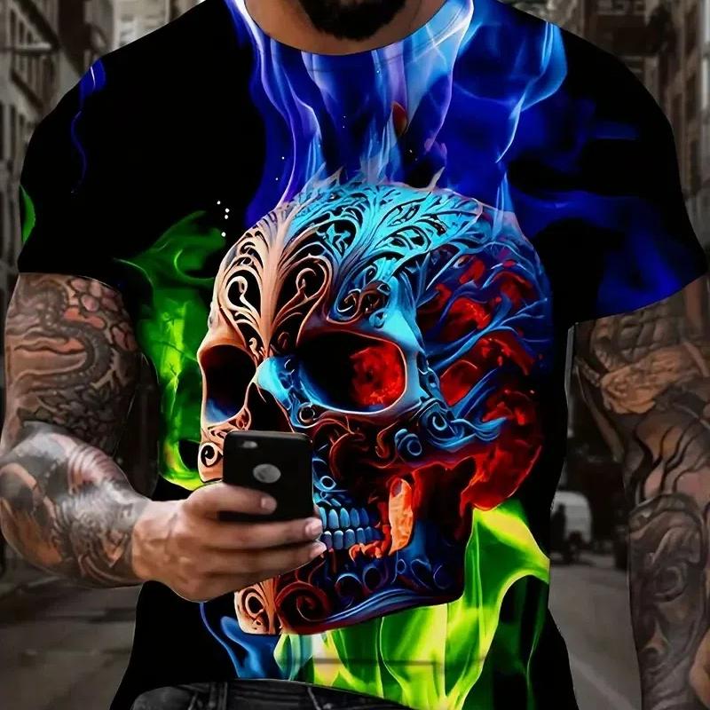 Tričko Lebka Pánské retro High Street 3D tisk Krátké rukávy Letní Pánské tričko Vintage oversized tričko pro muže Tričko Street Top