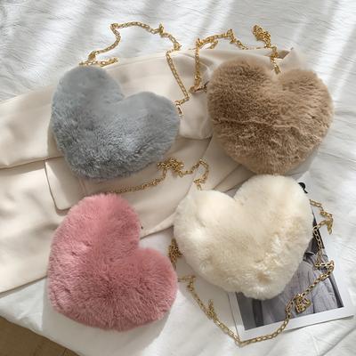 Simple Women Heart Shaped Handbags Cute Faux Fur Crossbody Bags Wallet Purse Plush Chain Shoulder Bags Lady Handbag Gifts