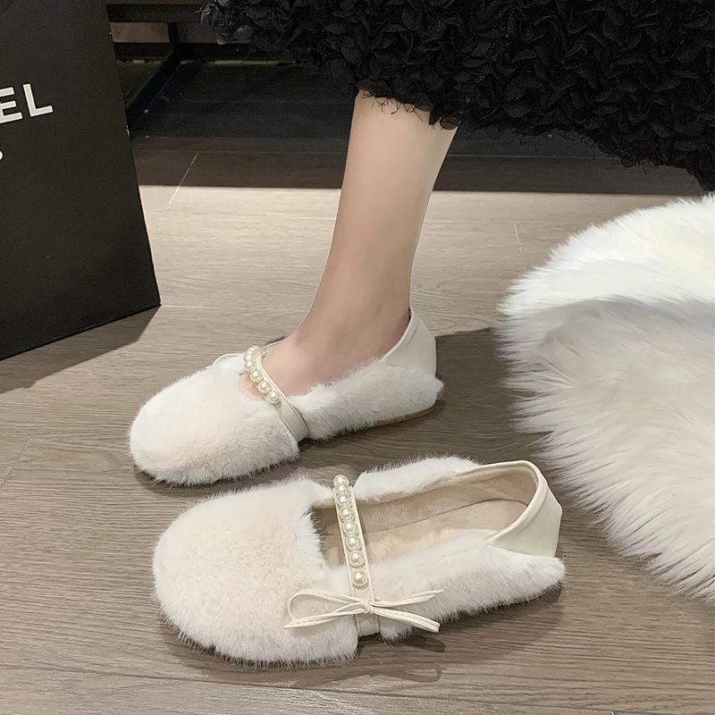 

Туфли Mao Mao женские новые с жемчужным бантом и круглой головкой на осень и зиму 2024 года, в тапочках с одной педалью и двумя ленивыми туфлями 40 бежевый