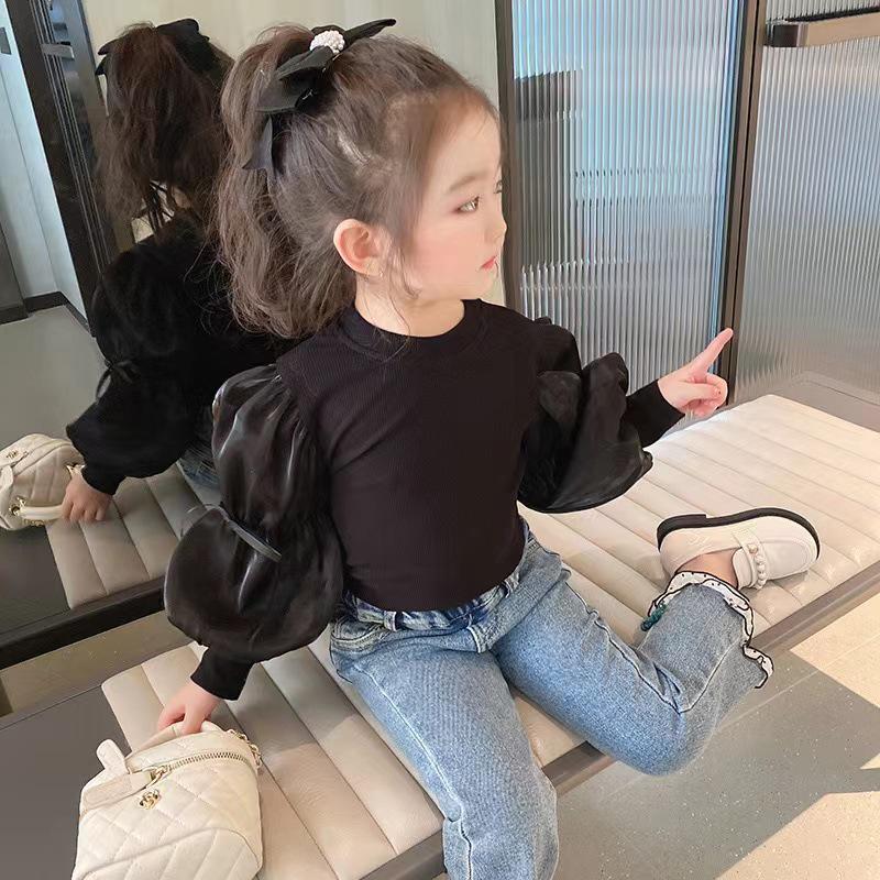 2025 Spring/Autumn Stylish Korean Bubble Sleeve Long-Sleeve T-Shirt for Girls