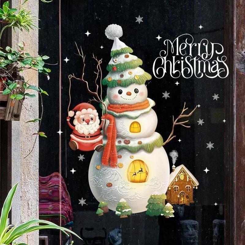 Christmas Series Window Glass Sticker Cartoon Snowman Pattern Home Living Room Wall Holiday Self-adhesive Decoration Accessories