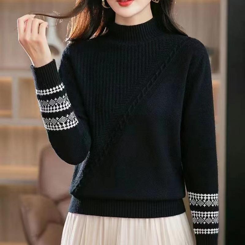 Winter New Semi-turtleneck Pullover Lazy Temperament Fashion Jacquard Loose Knitted Bottoming Sweater Women