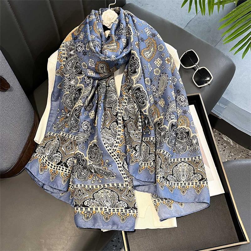 Vintage Black Paisley Shawl 88x180cm Cotton-Linen Feel Boho Style Women's Scarf Fashion Luxury Big Size Blanket
