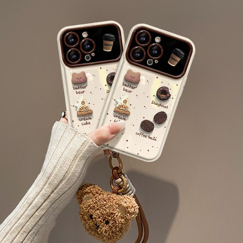Coffee Doll Plush Lanyard Suitable for Apple 16PRO Large Window Mobile Phone Case 15 Silicone Anti-drop 8 Flip Mirror