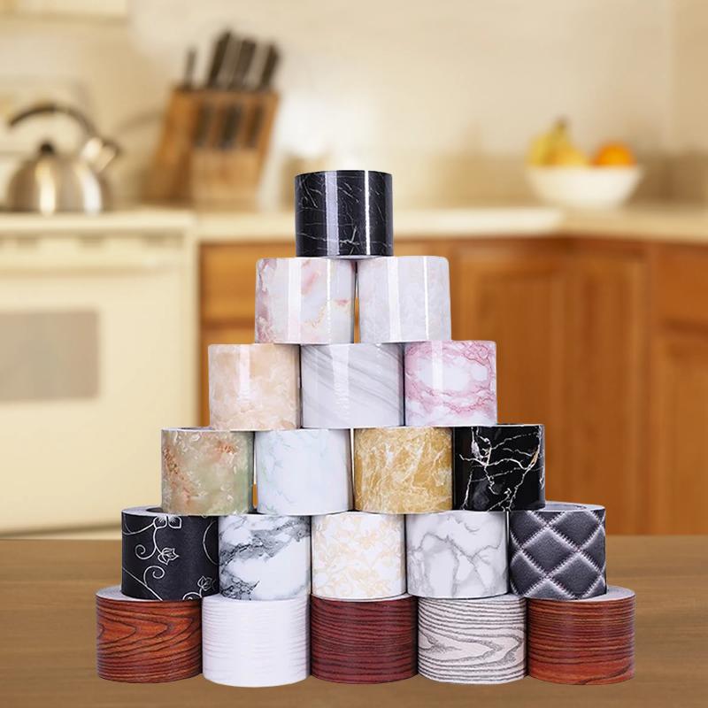 1pc 5m/196.85in Wood Grain Border Sticker Self-adhesive DIY Wallpaper Sill Door Frame Floor Wall Decoration Marble Baseboard