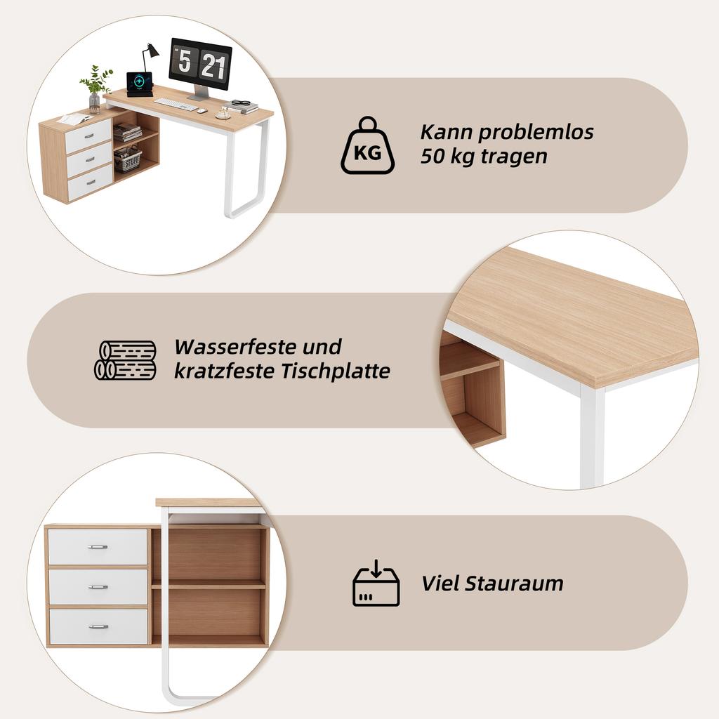 Simple Desk, Office Desk, Three Drawers, Two Open Storage Compartments, Solid Steel Tube, Wide and Thick Tabletop, Stable Load Capacity, Natural
