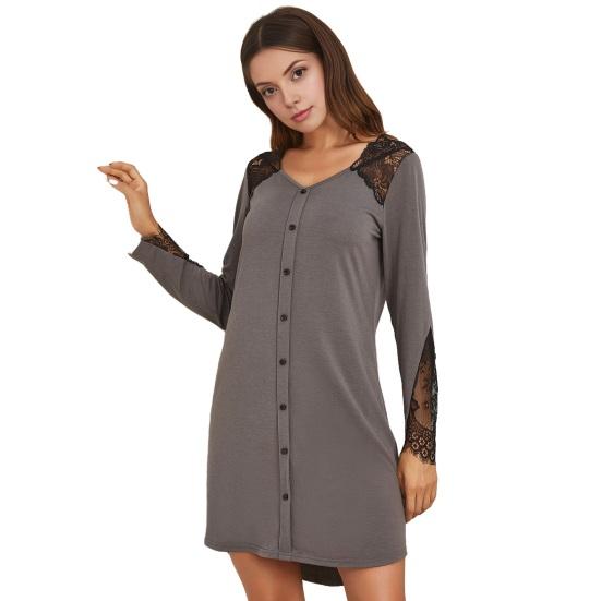 Long Sleeve Nightgowns for Women V Neck Lace Patchwork Nightshirts Fake Placket Button Down Mini Nightdress