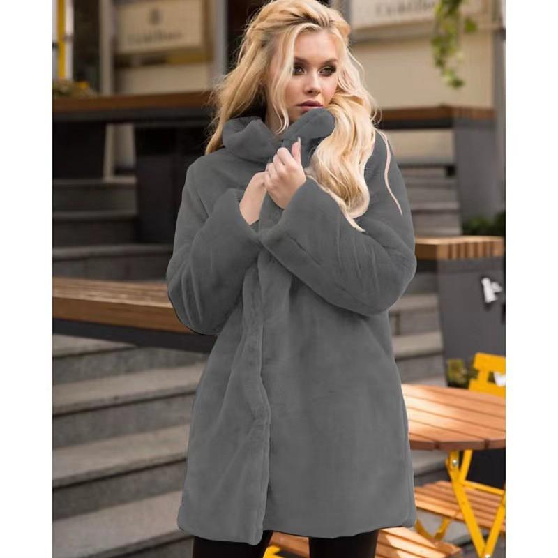 Womens Faux Fur Coat Stand Collar Winter Mid-Length Streetwear Light Luxury Outerwear