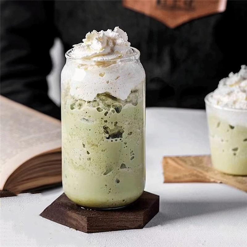Sada 2 ks, S bambusovými víčky, Skleněné hrnky tvaru plechovky 16 oz s víčky a brčky, Pivní sklenice