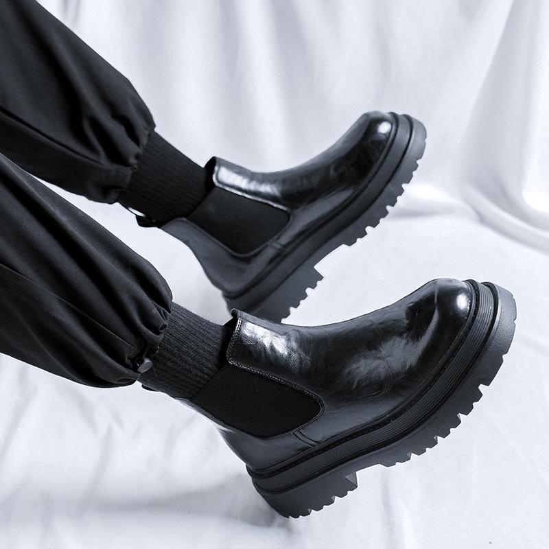Fashion Men's thick soled leather shoes Fashion designer style Outdoor street walking leisure business party Office men's Black boots
