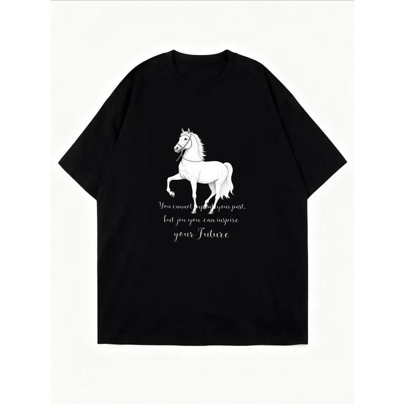 White Short Sleeve T Shirt With Horse And Inspirational Quote Print Casual Everyday Wear For Women