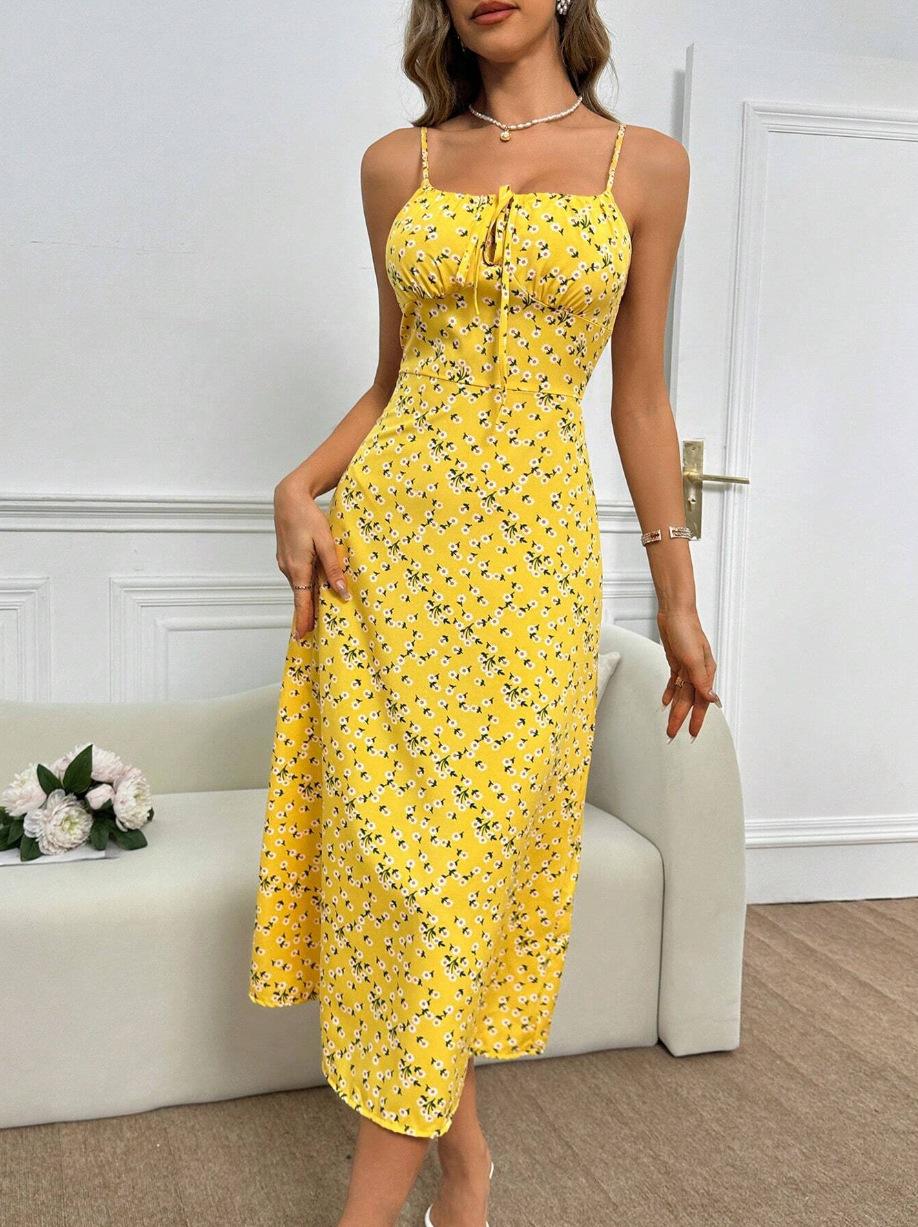 2026 summer new French smudge floral suspender long dress slim holiday sexy suspender skirt woman S жёлтый