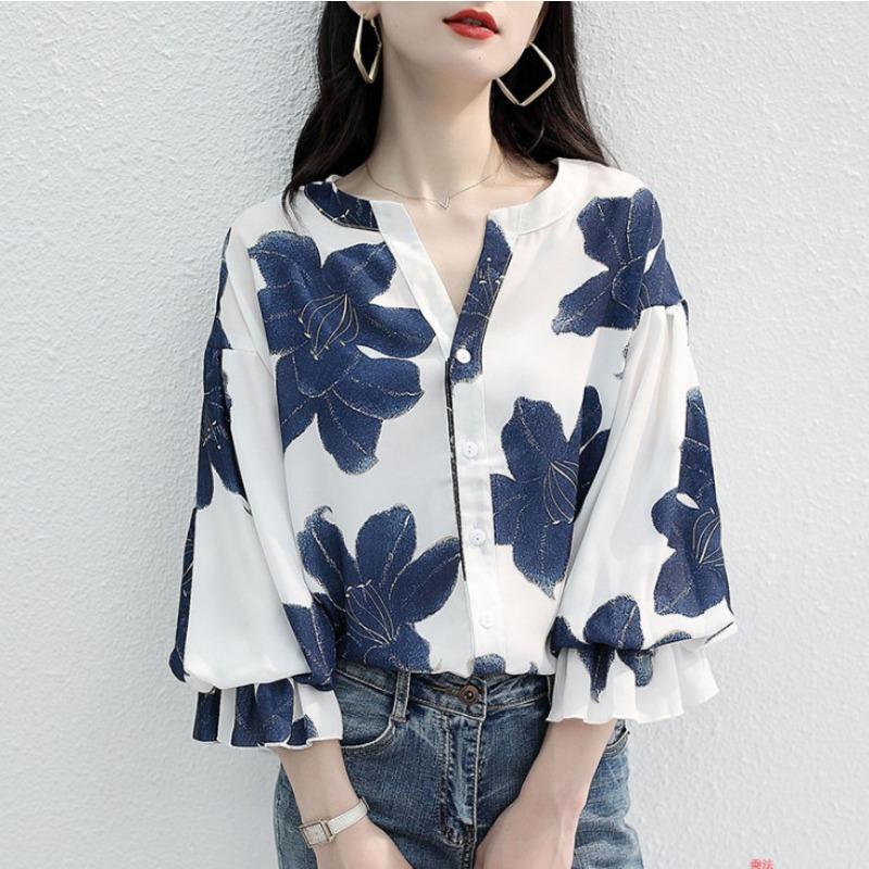 Women Fashion Printed V Neck Three Quarter Sleeve Casual Blouse Shirt S
