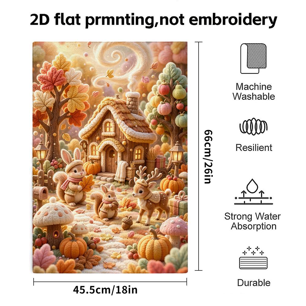 Autumn Felt Forest Cabin Towel Soft Absorbent Bath Towel, Plush Deer And Rabbit Fall Cottage, Kids Decor Shower Towel