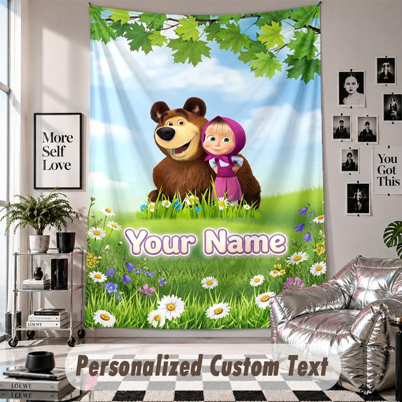 Wall Hanging Tapestry With Custom Name & Text, Masha and the Bear Decorative Tapestry For Bedroom