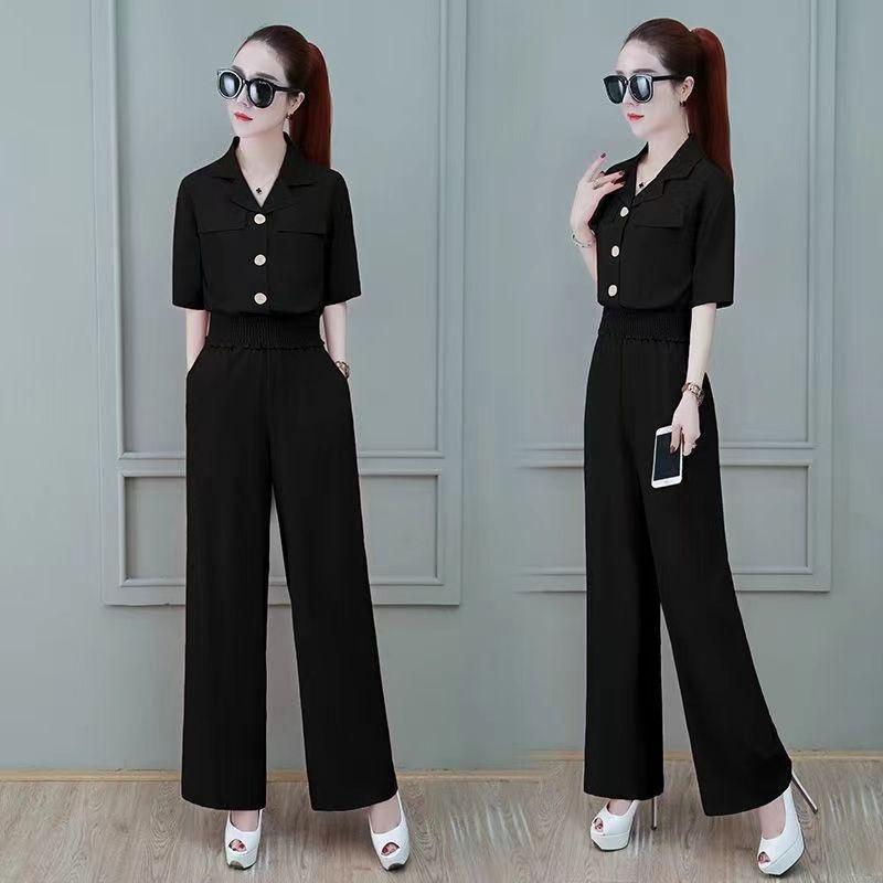 Women s Two-piece Summer Sports Jacket Top And Wide Leg Pants Suit Casual Office Suit L чёрный