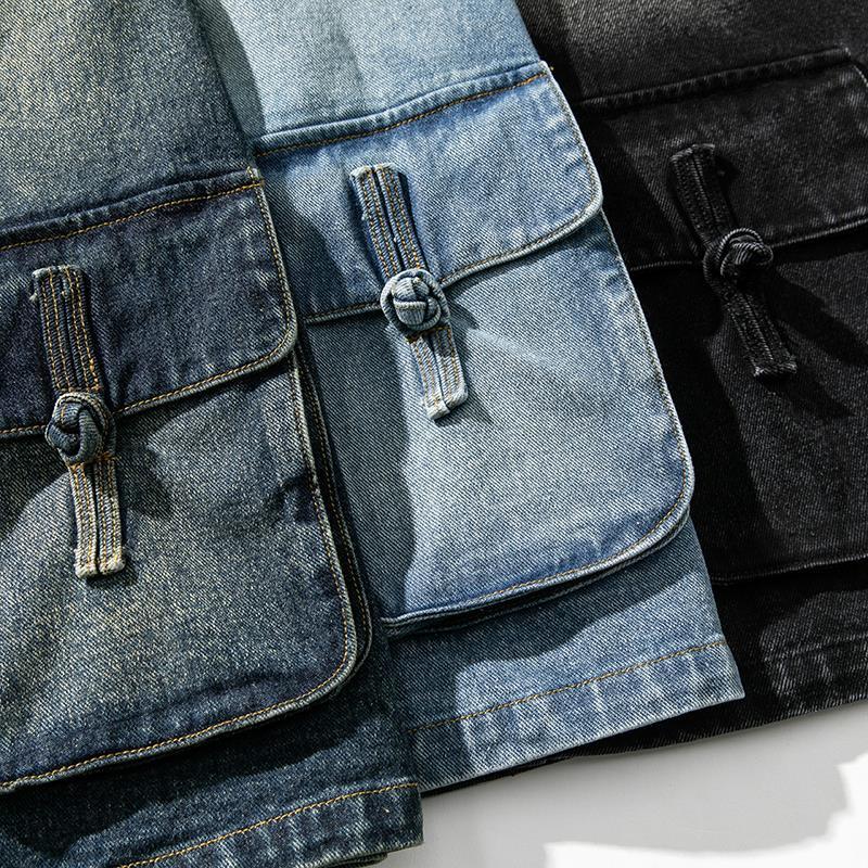 Plus Size Retro Denim Frog Button Jacket - Chinese Autumn/Winter Style