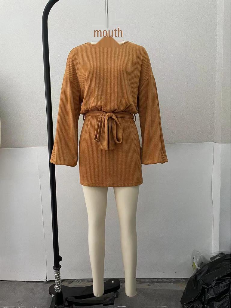 2026 European & American Women's Ribbed Knit Dress with Belt - Long Sleeve, Spring/Autumn Fashion