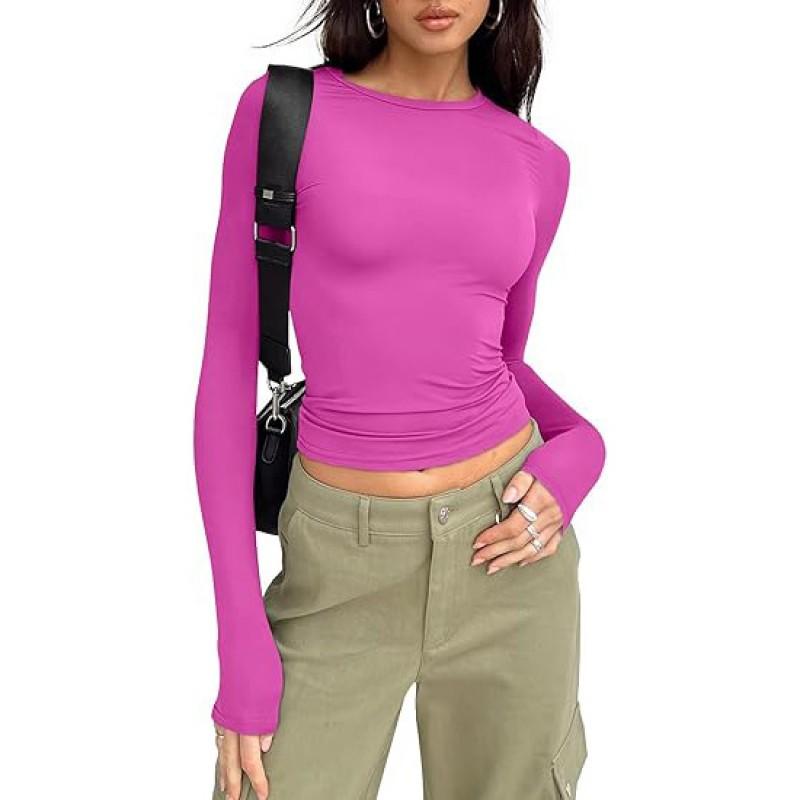 Womens Basic Long Sleeve Top Slim Fit Round Neck Milk Soft Tee Casual Everyday Wear