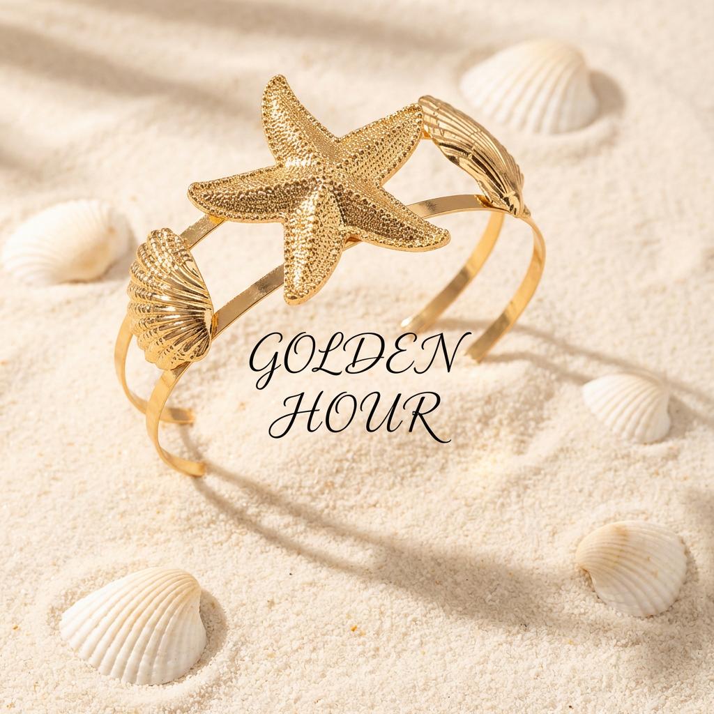 Bohemian Gold Color Starfish Shell Upper Arm Cuff for Women Metal Adjustable Armlet Bracelet Summer Beach Vacation Body Jewelry
