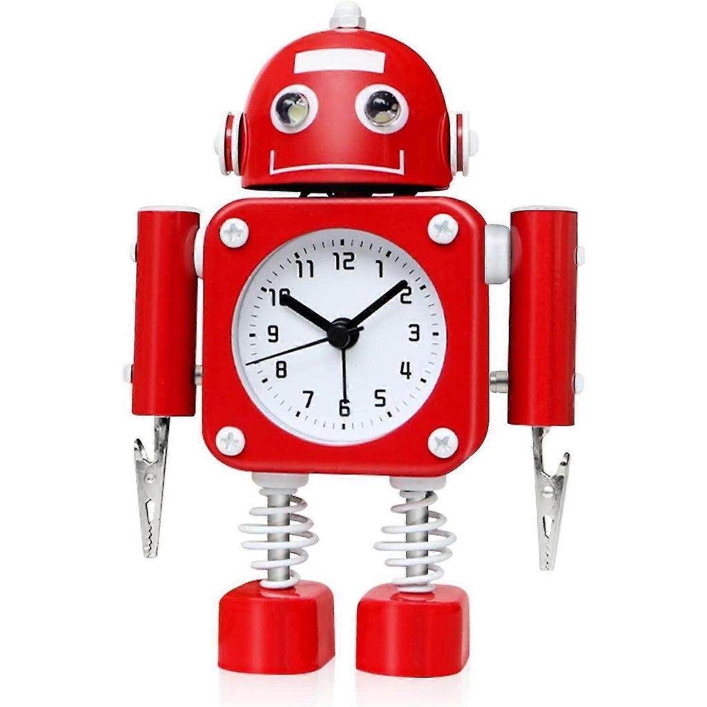 Sveglia Robot Non Ticchettante Metallo Inossidabile - Sveglia con Occhi Luminosi Lampeggianti e Clip per Mano (Rosso rubino)