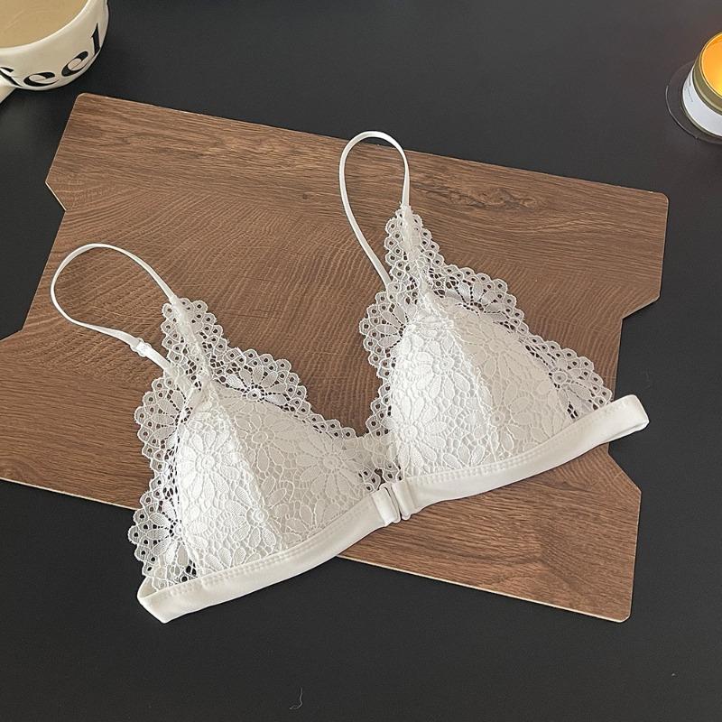 Black Lace Triangle Bralette Front Closure Wireless Thin Straps Everyday Comfort Lingerie