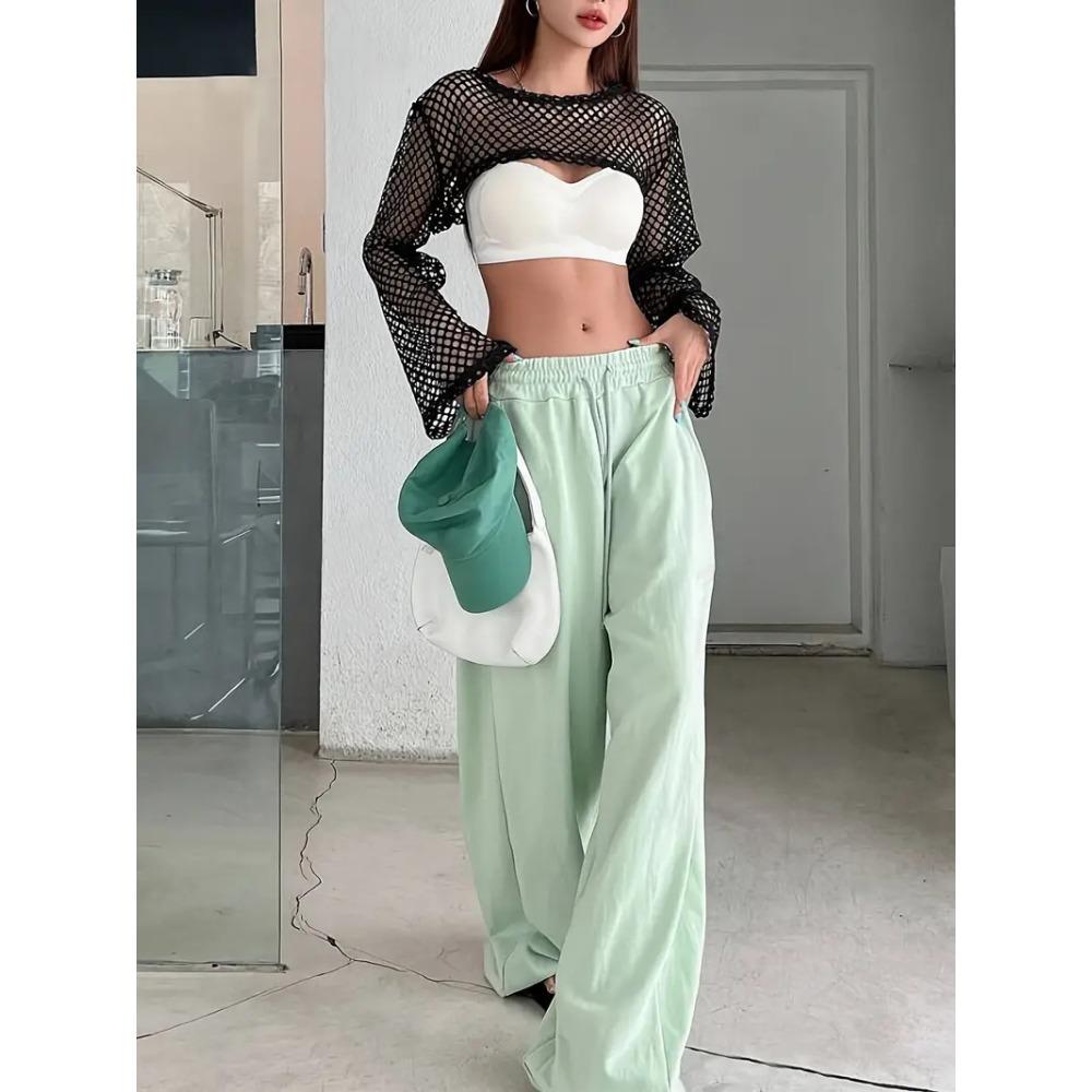 Mesh Solid Color Hollow Top Spring and Autumn Long-sleeved Hollow Ultra-short Casual T-shirt for Women