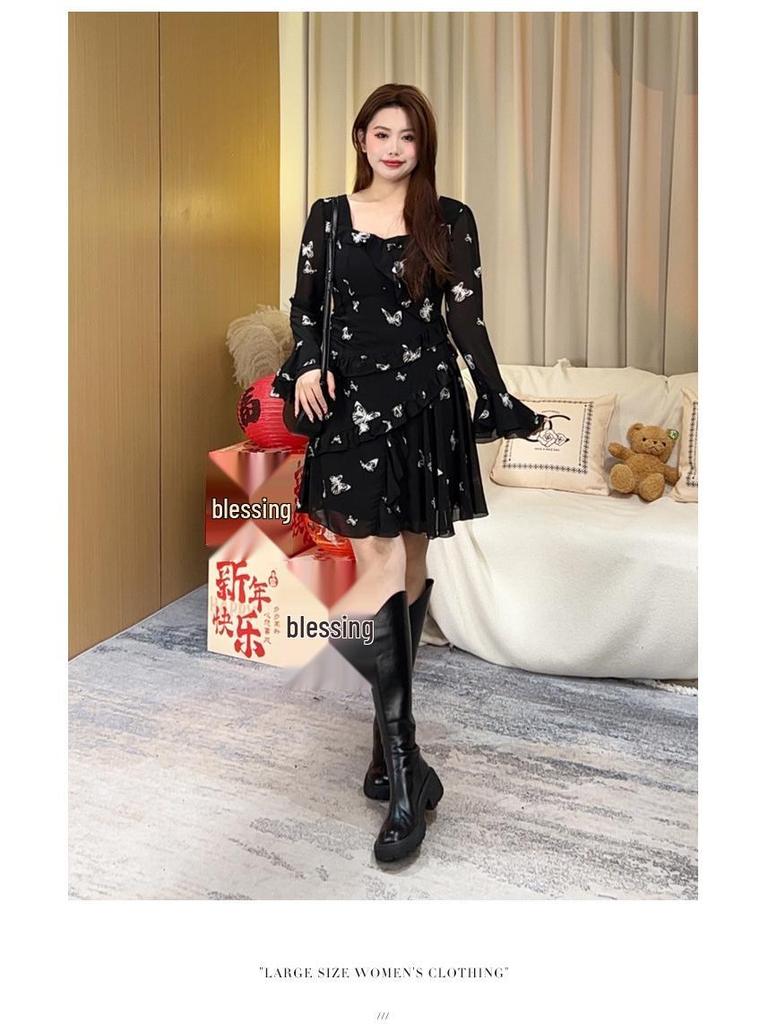 2025 Spring Fashion Print Chiffon Dress with Flared Sleeves for Plus Size Women