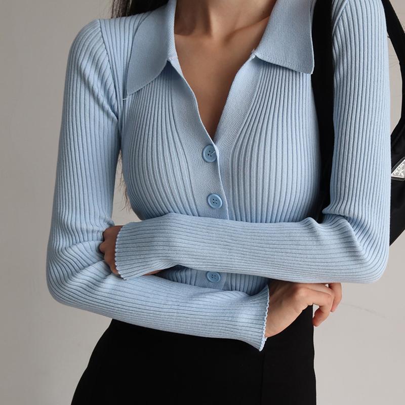 

2025 Женские приталенные топы с лацканами Женские пуговицы Сексуальный V-образный вырез Длинный рукав Вязаный кардиган-свитер с воротником поло L синий