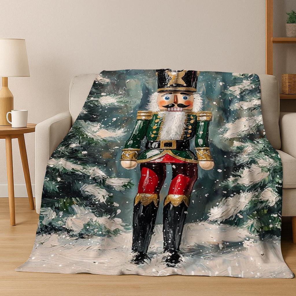 Frohe Weihnachten Baum Nussknacker Cartoon Puppe Neujahrsgeschenk Flanell Decke, Weiche Wohndecke für Zuhause Schlafzimmer Bett Sofa Kinder