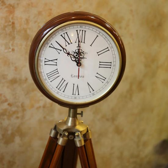 Antique Vintage Brass And Wooden Clock with Wooden Antique AdjustableTripod ,Clock Tripod