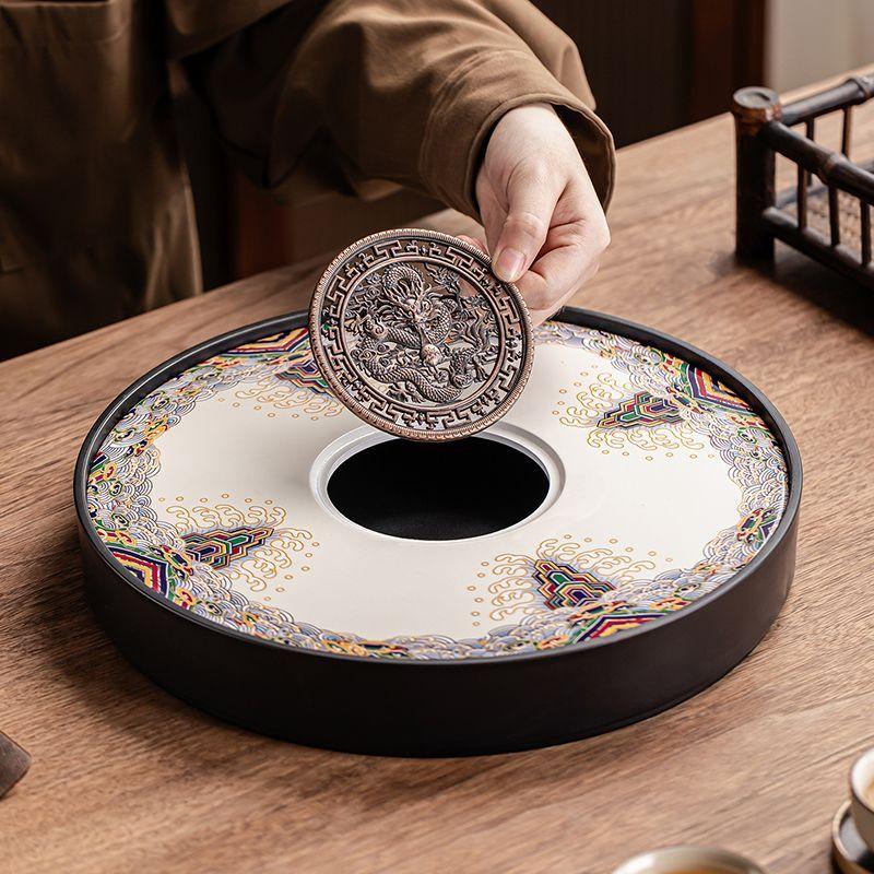 Ceramic round tea tray, dual-purpose for household water storage and drainage, tea sea, and outdoor tea tray