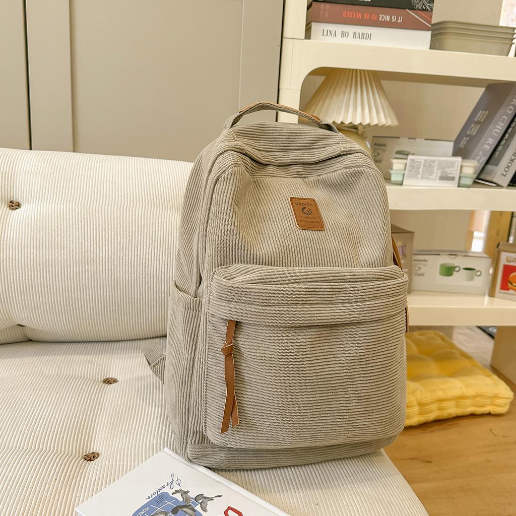 Schoolbag Corduroy Backpack Female Simple Large Capacity Junior High School Student School Bag American High School Retro Backpack Computer Bag