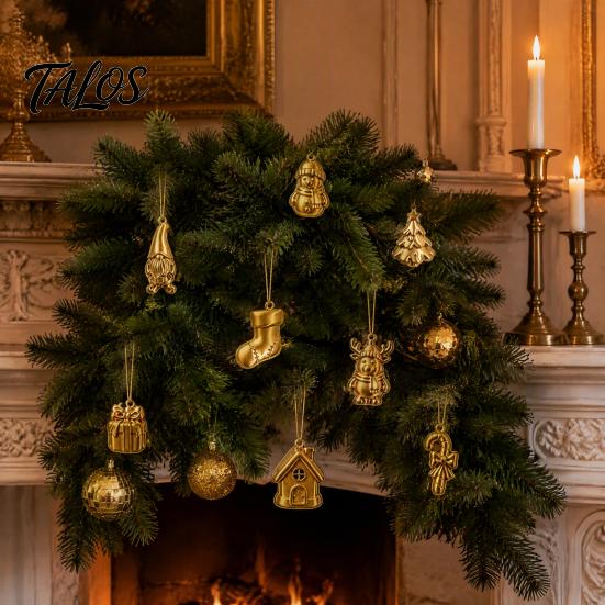 Christmas Gift Box Ornaments 8Pcs Mini Tree Ornaments, Gold Gnome Sock Hanging Decor, Tiny Lightweight Plastic Holiday Decor Xmas Accessories