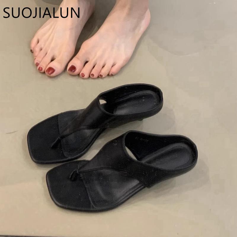 Fashion SUOJIALUN 2025 Summer New Women Flat Shoes Fashion Square Toe Slip On Flip Flop Shoes Thin High Heel Outdoor Dress Sandal Slides