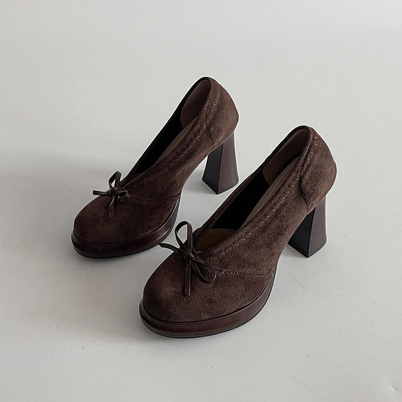 

Винтажные замшевые туфли-лодочки на толстом каблуке и супервысоком каблуке, летние, с французским темпераментом, с круглым носком, женские туфли Мэри Джейн 40 коричневый