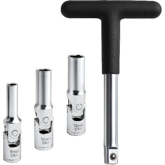 4 PCS Glow Plug Removal Tool with 3/8" Drive T-Bar, 8mm 10mm 12mm Universal Joint Swivel Glow Plug Socket Set Glow Plug Wrench Extractor Kit for