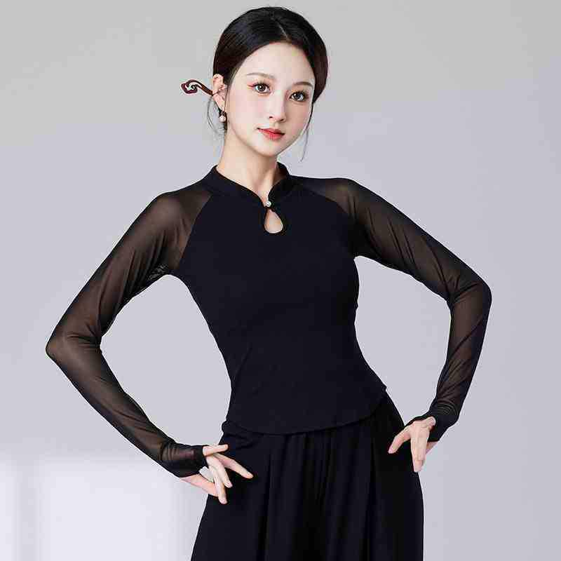 Women's Slim Fit Long Sleeve Stand Collar Dance Top - Versatile, Slimming, Classical Dance Practice Wear