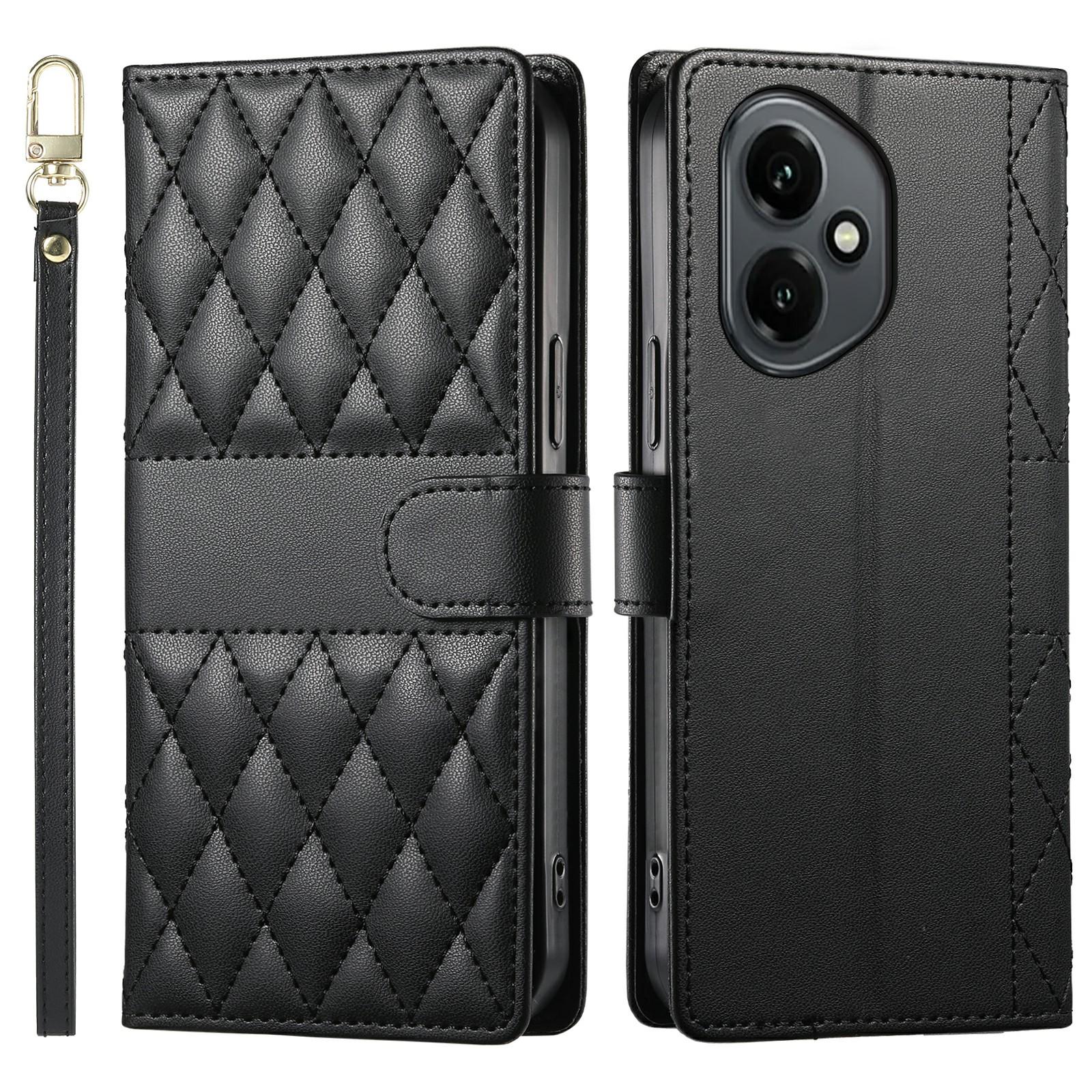 

Для Honor 400 5G (Глобальный) Чехол Кошелек с ромбовидной прострочкой Подставка Кожаный чехол для телефона с длинным/коротким ремешком Black