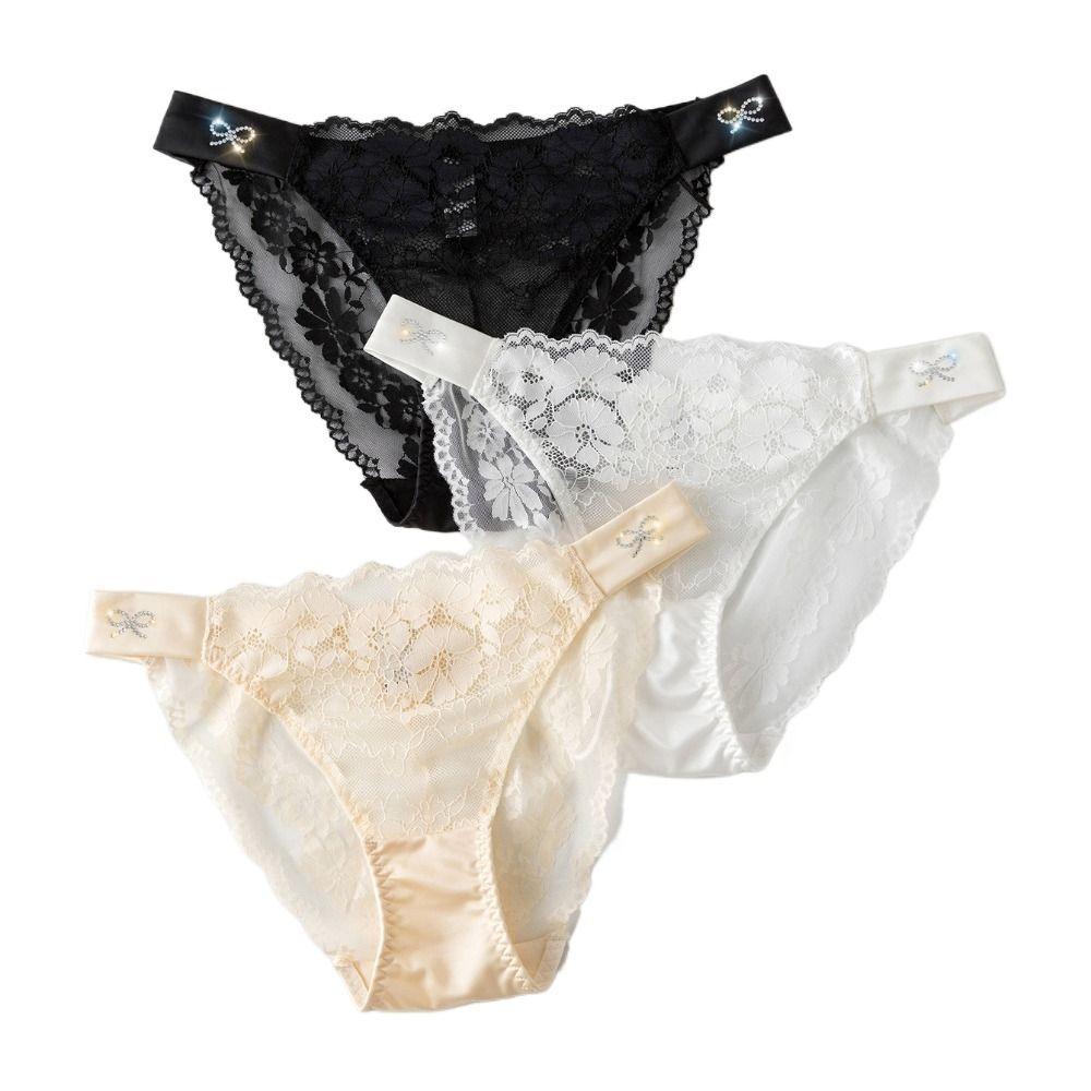 Transparent Floral Lace Panties Bow Women's Underpants Fashion Rhinestone Mesh Briefs  Girls